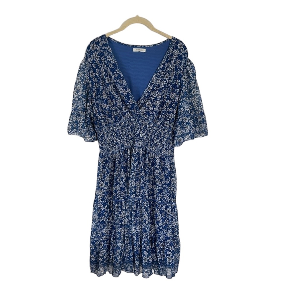 Max Studio Chiffon V-Neck Dress, Blue & White Pattern, Ruching at Waist, Size L